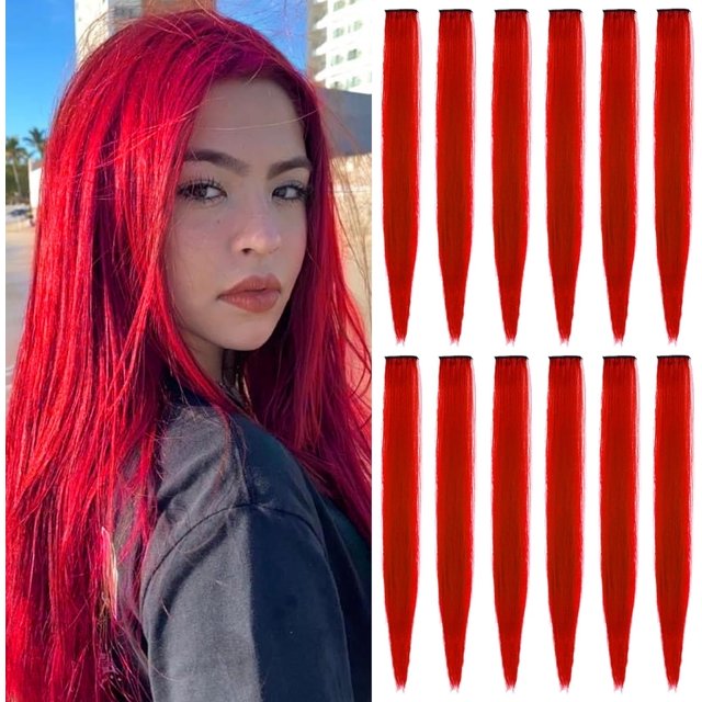 LAICAIW Rallonges de Cheveux Colorées de 22 Pouces, Postiche Lisse, Mèches de Fête Multicolores à Clipser, Rallonges de Cheveux Synthétiques (12 Pcs Rouge)
