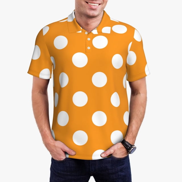 Balery Orange And White Polka Dot Camisa Polo de Hombre con Estampado, de Manga Corta y Tejido Medio, Camisa Tipo Golf Polo-Large