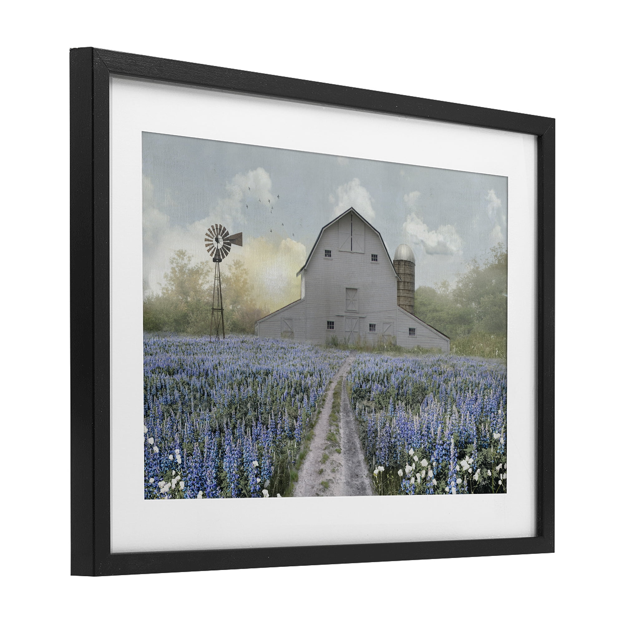 Stupell Industries Meadow of Blue Flowers & Barn Black Framed Print Under Glass, design by Nan