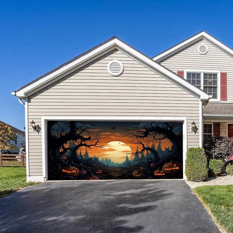Halloween Garage Door Cover Banner - Extra Large 16x7 Ft Scary Pumpkin Outdoor Decor For Parties