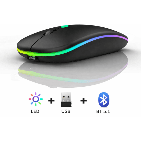 Innotech SC Wireless Bluetooth Mouse – Rechargeable Slim Silent Mouse with LED Lights, Dual Mode (BT5.2 & 2.4G USB Receiver) Portable for Laptop, iPad, Tablet, Mac & Computers – Black