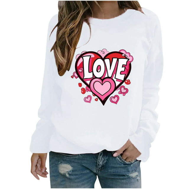 Amzcrzy Hauts pour Femmes Décontractés Col Rond Printemps Été Hauts Mode Imprimé Cœur d'Amour Saint-Valentin Chemises pour Femmes Classique Polyvalent Manches Longues Tee-Shirt Valentines