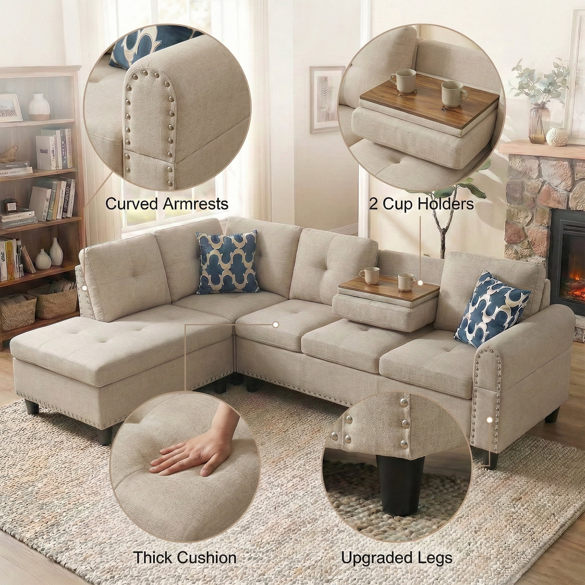 AENKYO 98" L-Shaped Upholstered Sectional Sofa Couch with Storage & Cup Holders, Faux Leather Living Room Sofa Set, Beige