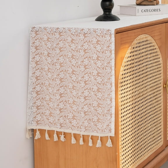 13 x 62 Inches Cream Lace Table Runner, Macrame Crochet Dresser Scarf Doily for Drawer Dresser Modern Table Decor,Style D