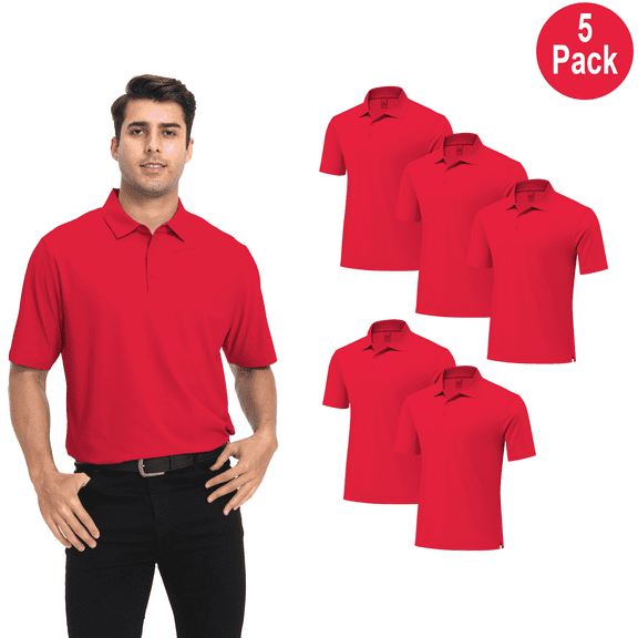 Zfeel Men's High Performance Pure Dry Fit Poly Polo Shirt, Short Sleeve Durable Red Tee, S, 5 Pack
