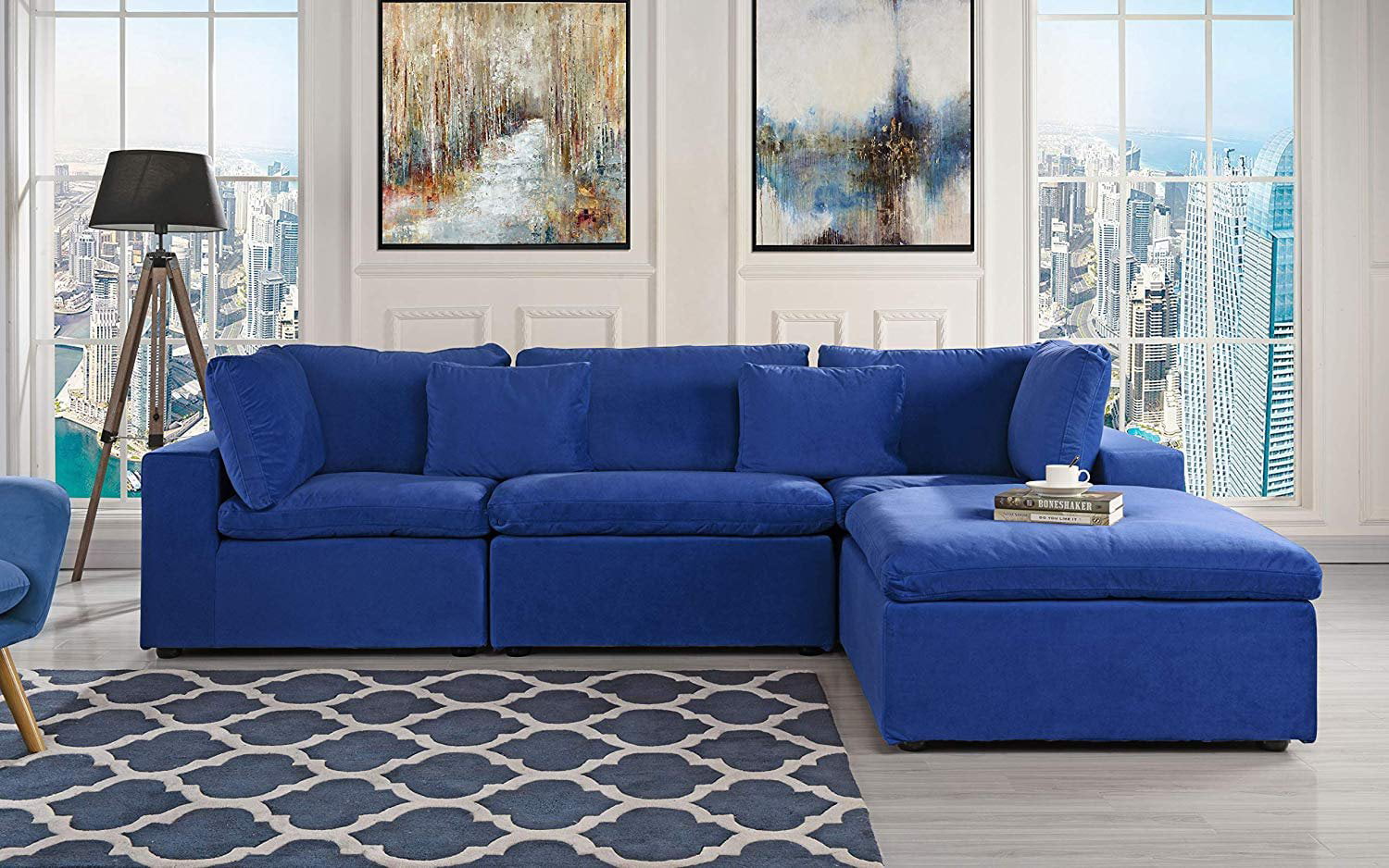 Large Configurable Microfiber Velvet Sofa L-Shape Couch, Dark Blue