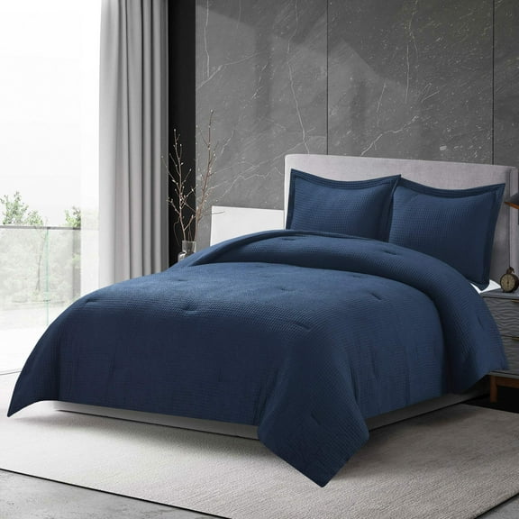 Chezmoi Collection Wilmer Waffle Weave Comforter Bedding Set, Queen, Navy, 3-Piece
