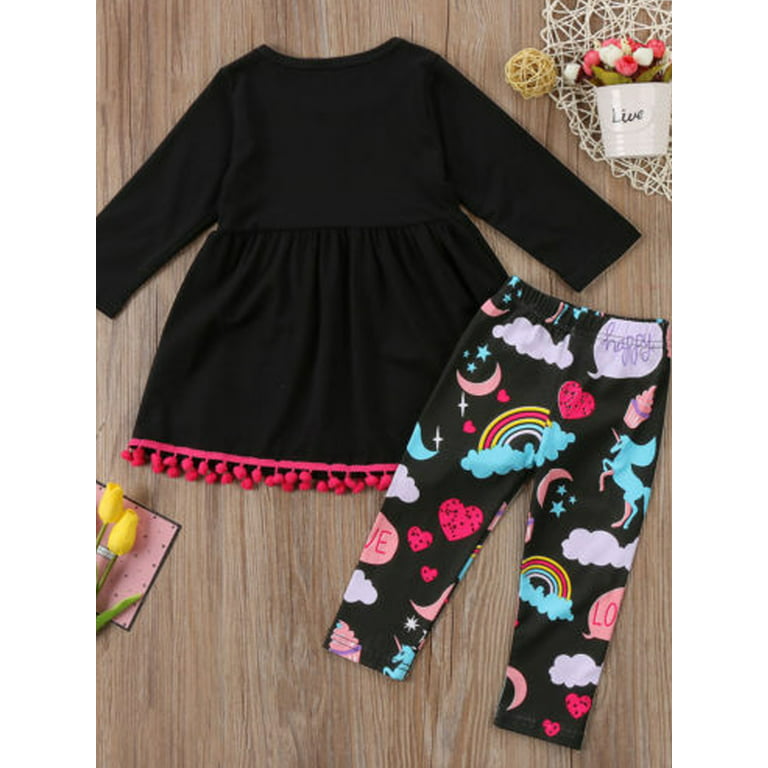 wybzd Kids Baby Girls Unicorn Top Dress+Long Pants Leggings Clothes Xams  Outfit Set Black 3-4 Years 