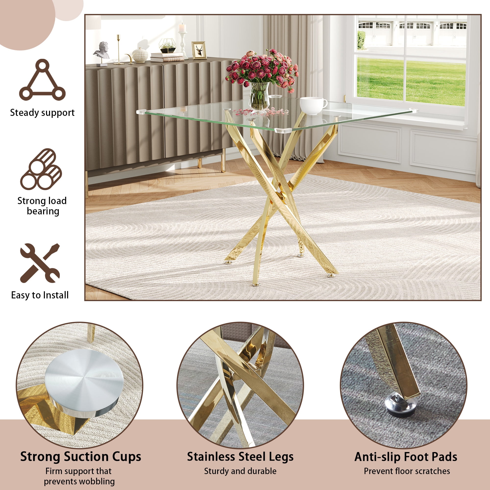 36" Square Glass Dining Table for 2 to 4, Clear Tempered Glass Top & Stainless Steel Metal Legs, Modern Small Kitchen Table for Apartment, Office, Dining room