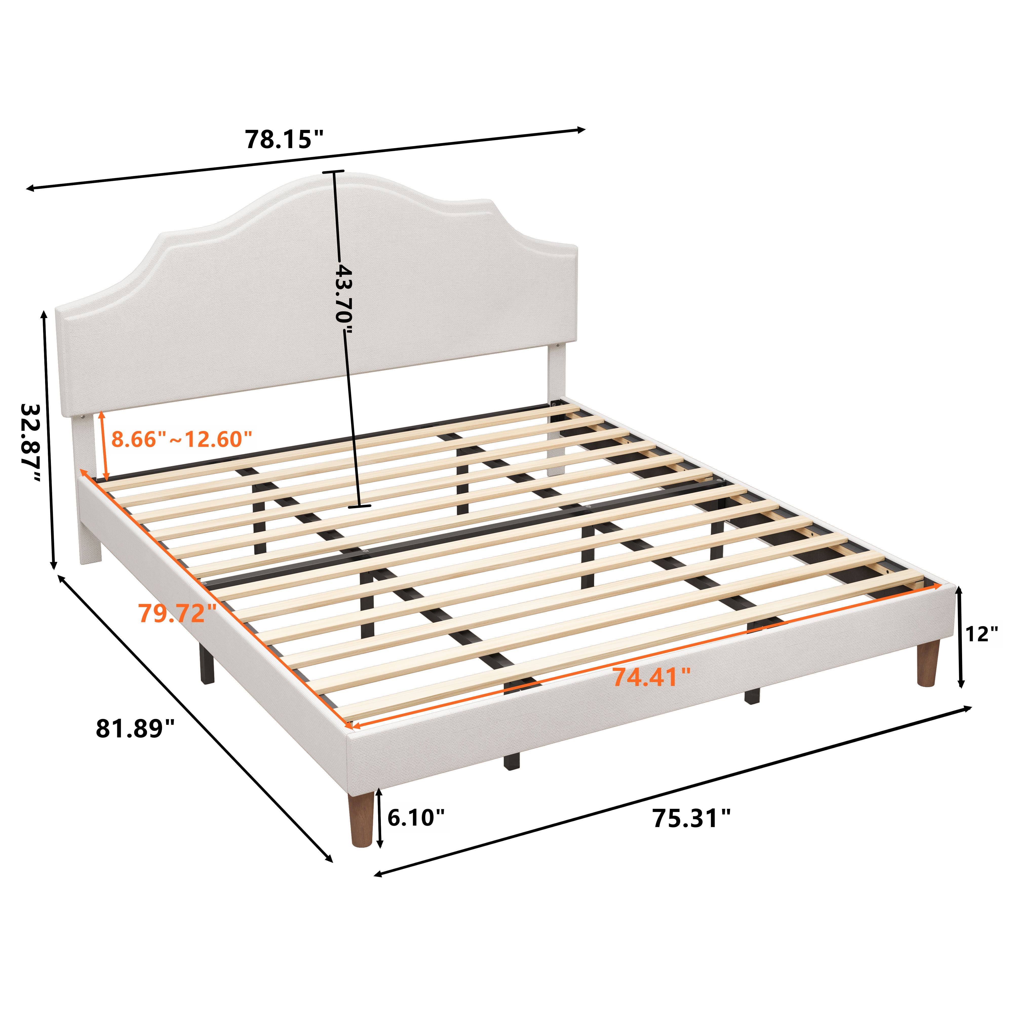 King Size Bed Frame Upholstered Platform Bed with Adjustable Headboard,Linen Fabric Padded,Modern Simple Style Platform Bed No Box Spring Needed, Easy Assembly, White