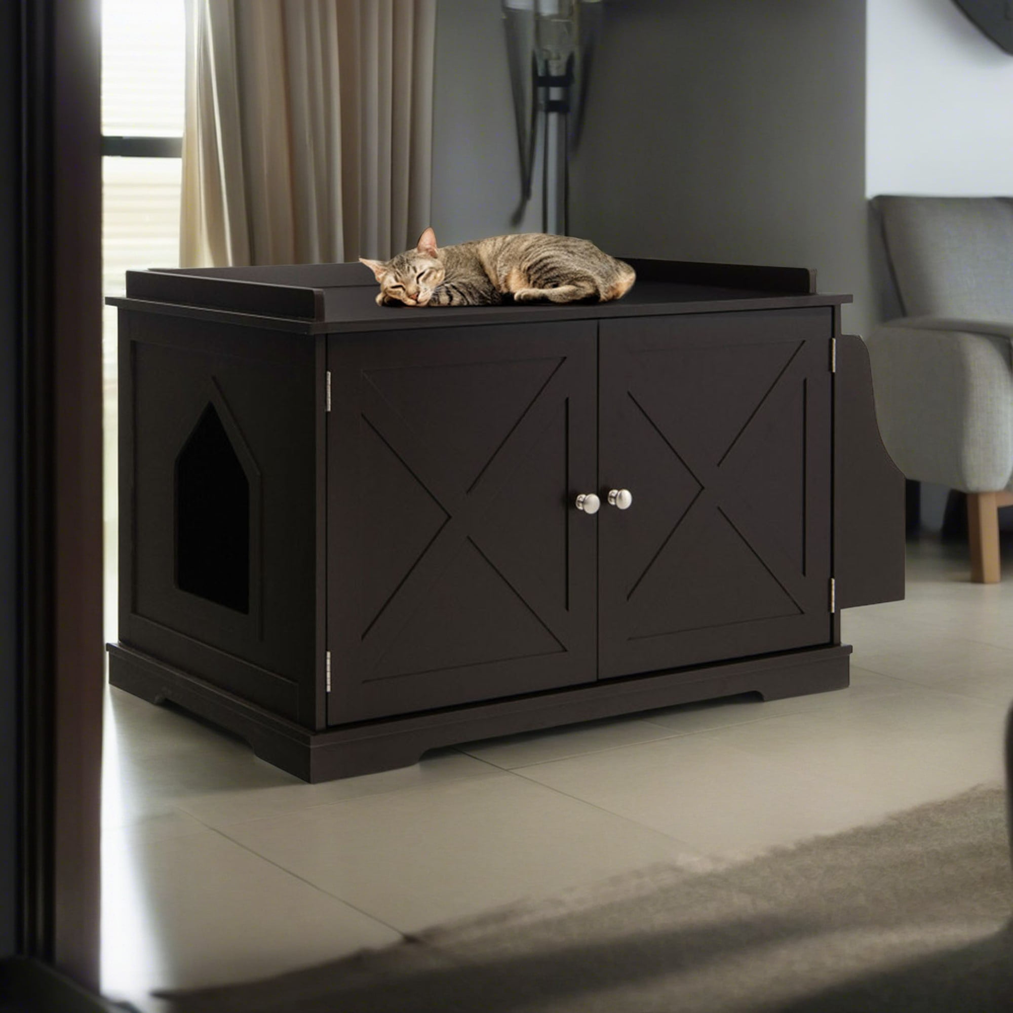 Kadyn 34" Large Enclosed Cat Litter Box Enclosure, Wood Hidden Cat Washroom, Cat House with Magazine Rack, Brown