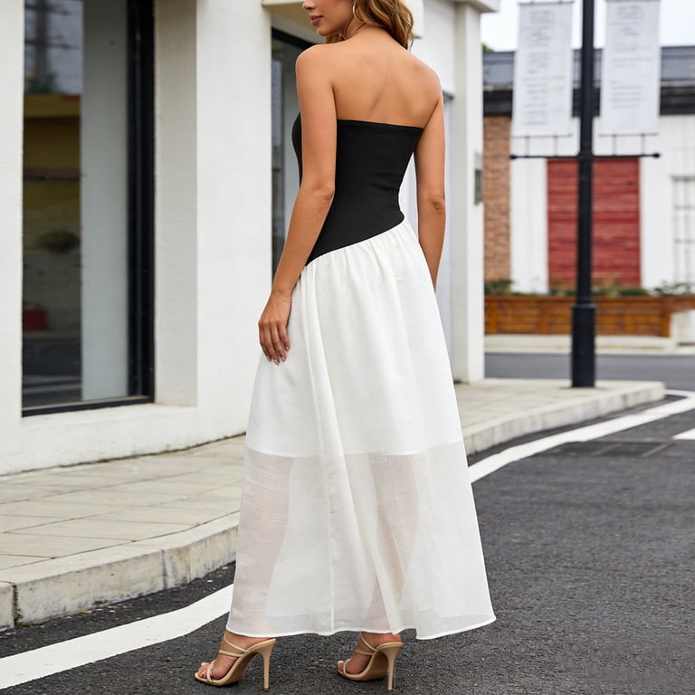 Telankuip Elegant off the Shoulder Maxi Dresses for Women French Style Bodycon Tube Top Dress with Black White Bow Knot Print Casual Sleeveless Mesh Layering Flowy Long Dresses White XL