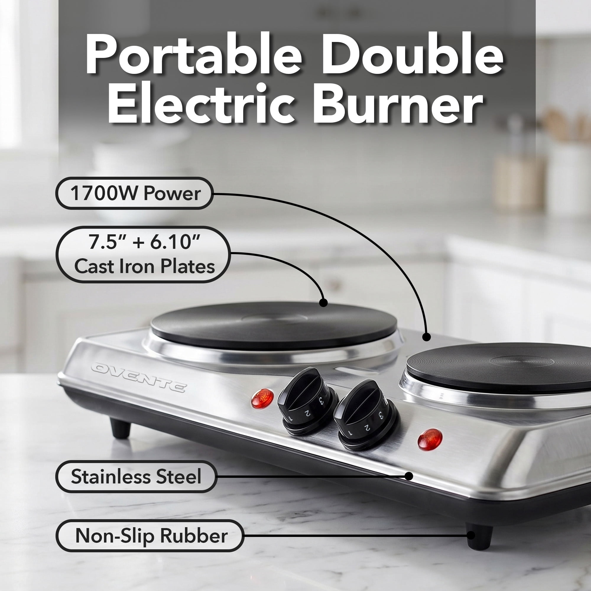 OVENTE Electric Countertop Double Burner, 1700W Cooktop with 7.25" and 6.10" Cast Iron Hot Plates, Temperature Control, Portable Cooking Stove and Easy to Clean Stainless Steel Base, Silver BGS102S