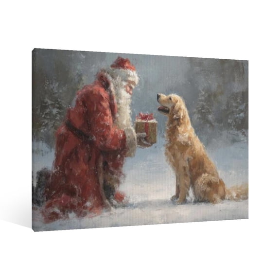Vintage Christmas Santa Claus and his pets Wall Art Paint - Retro Xmas Festive Winter Holiday Christmas Wall Decor Canvas for Living Room Kitchen Bathroom Home Bedroom Decor Framed