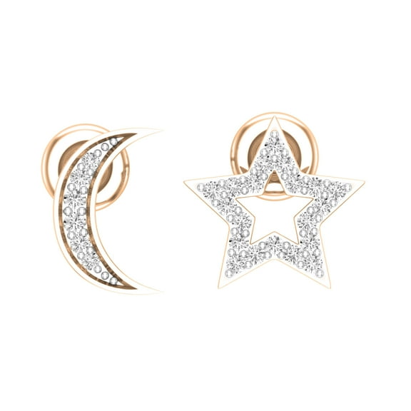 Dazzlingrock Collection Round White Diamond Moon & Star Screwback Stud Earrings for Women (0.14 ctw, Color I-J, Clarity I2-I3) in 10K Rose Gold