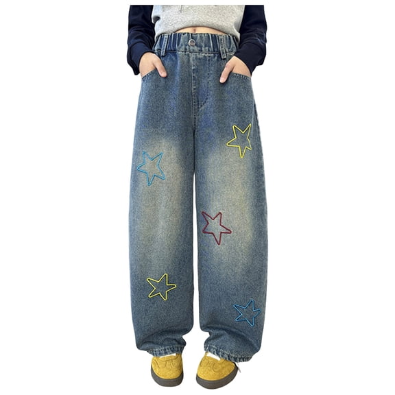 Zanarzt Girls and Toddler Wide Leg Jeans Girls Baggy Jeans Stretchy Waist Wide Leg Jeans Star Embroidery Soft Loose Pants with Pockets for Kids Blue,15-16 Years
