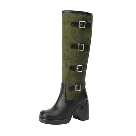 

Autumn And Winter Women s Boots Leather Splice Colored Belt Buckle High Heel Sleeve High Barrel Boots