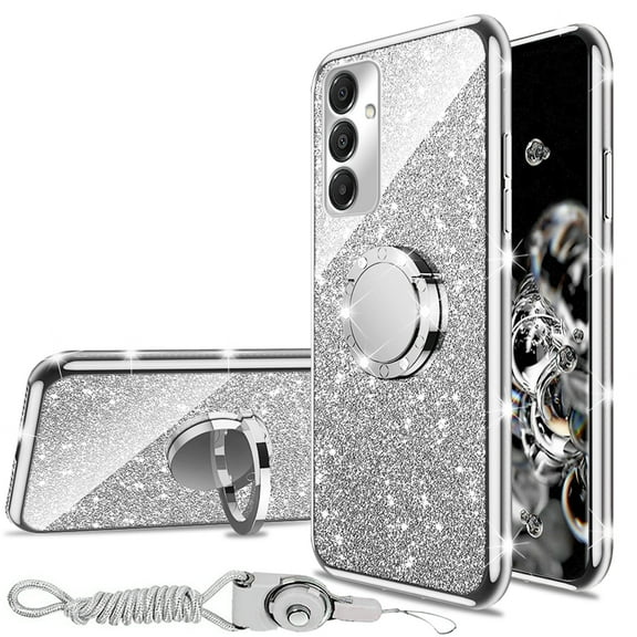 for Samsung Galaxy A16 5G Case with Ring Kickstand Lanyard Shockproof Protection Phone Case Cute Soft TPU Glitter Cover for Girls Women Men - Silver