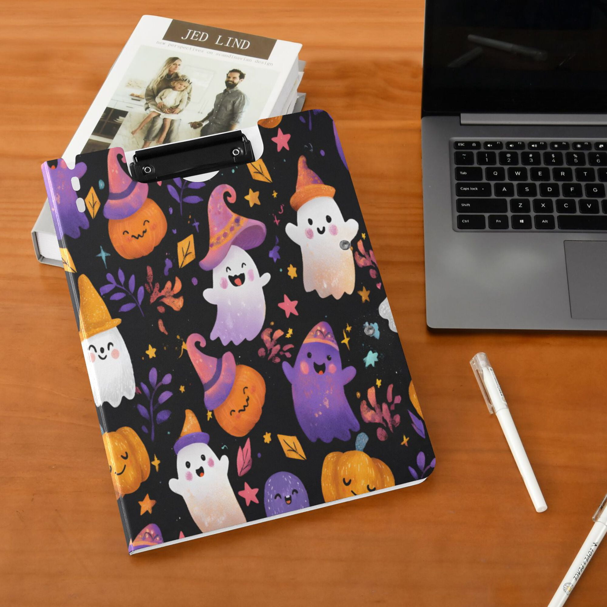 FORMRS A4 Clipboard Folder with Pen Holder Horizontal Foldable School Office Binder, Colorful Ghost Pattern