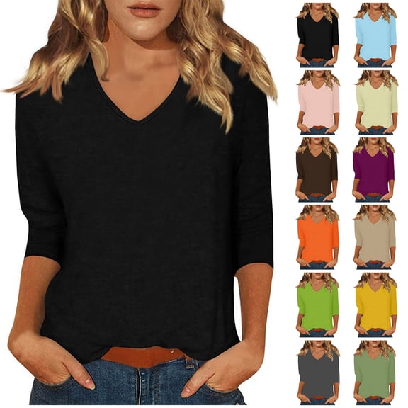 Kctiaxy 3/4 Length Sleeve Womens Tops Casual Loose Fitting T Shirt Soft Comfy Soild Color V Neck Tops for Women