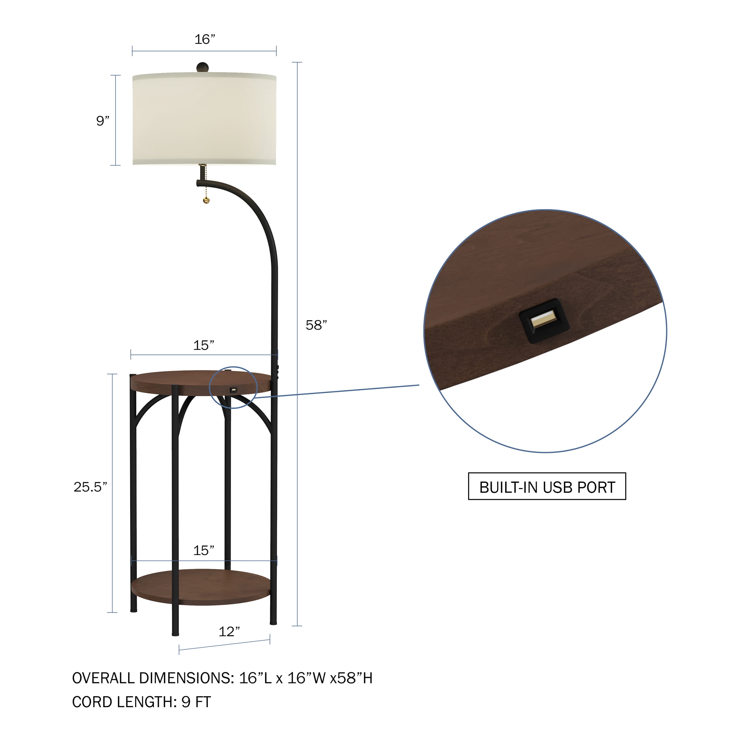Lavish Home 58-inch Adjustable Floor Lamp with USB Charging Side Table, LED Bulb, and Shade