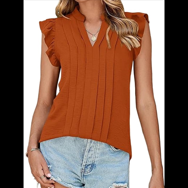 Blusas de para Mujer, Elegantes, Informales, con Mangas con Volantes, Cuello en V, Plisadas, para Negocios, de Verano Naranja y Rojo M