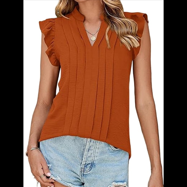 Blusas de para Mujer, Elegantes, Informales, con Mangas con Volantes, Cuello en V, Plisadas, para Negocios, de Verano Naranja y Rojo L