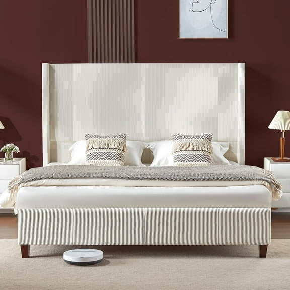 VanAcc King Size Platform Bed Frame with 62" Headboard Corduroy Upholstered Bed/Wingback/No Box Spring Needed/Noise Free/Cream