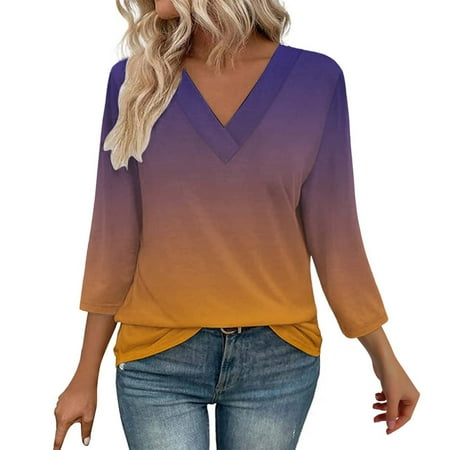 FUELEGO Lightning Deals Of Today 3/4 Length Sleeve Womens Tops Corset Tops for Women V Neck Tops for Women Basic Pleated Shirts Loose Fit Business Casual Outfits for Women Womens Tops Trendy