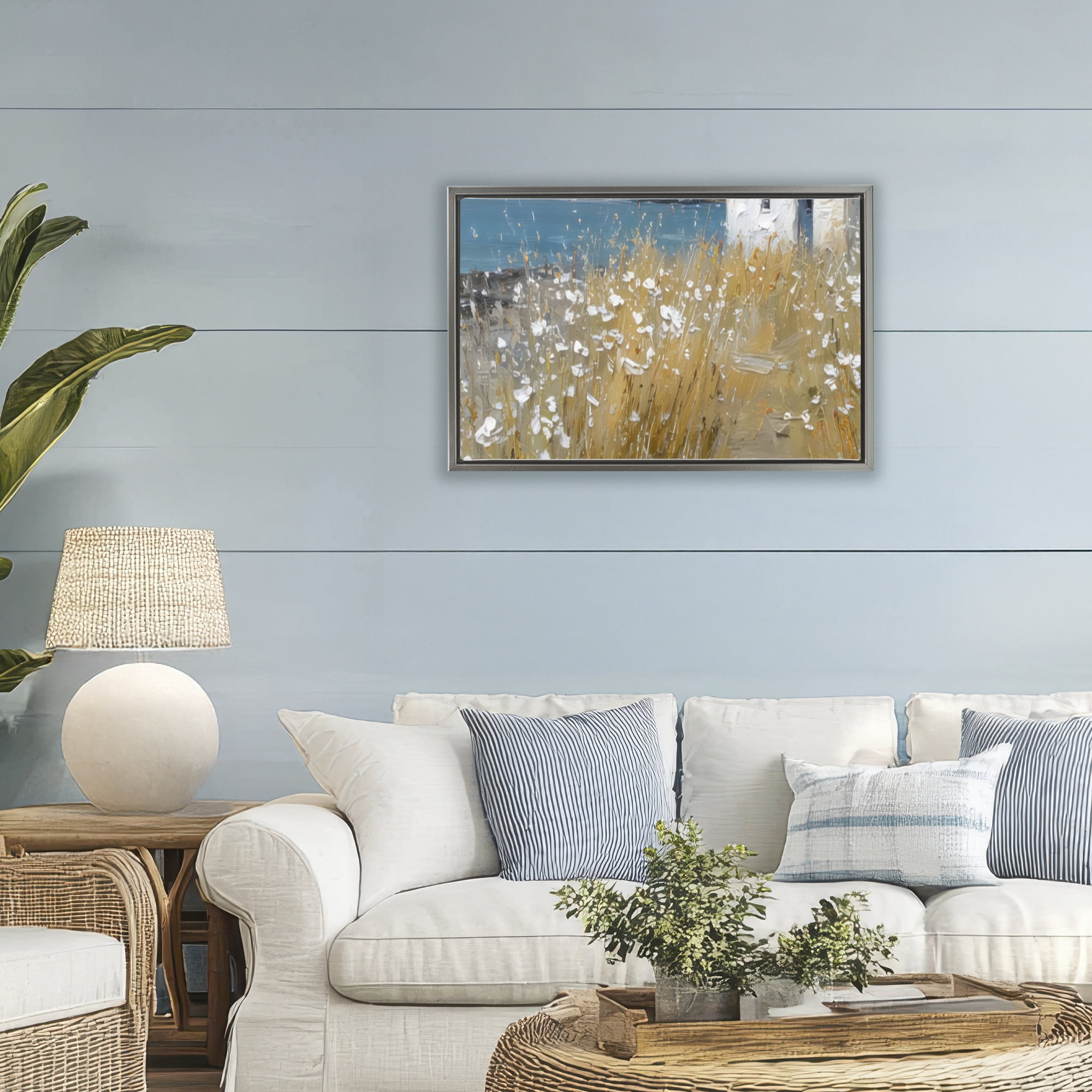 Stupell Industries Oceanfront Cottage Wildflowers Gray Framed Floater Canvas Wall Art, design by Petal Prints Design