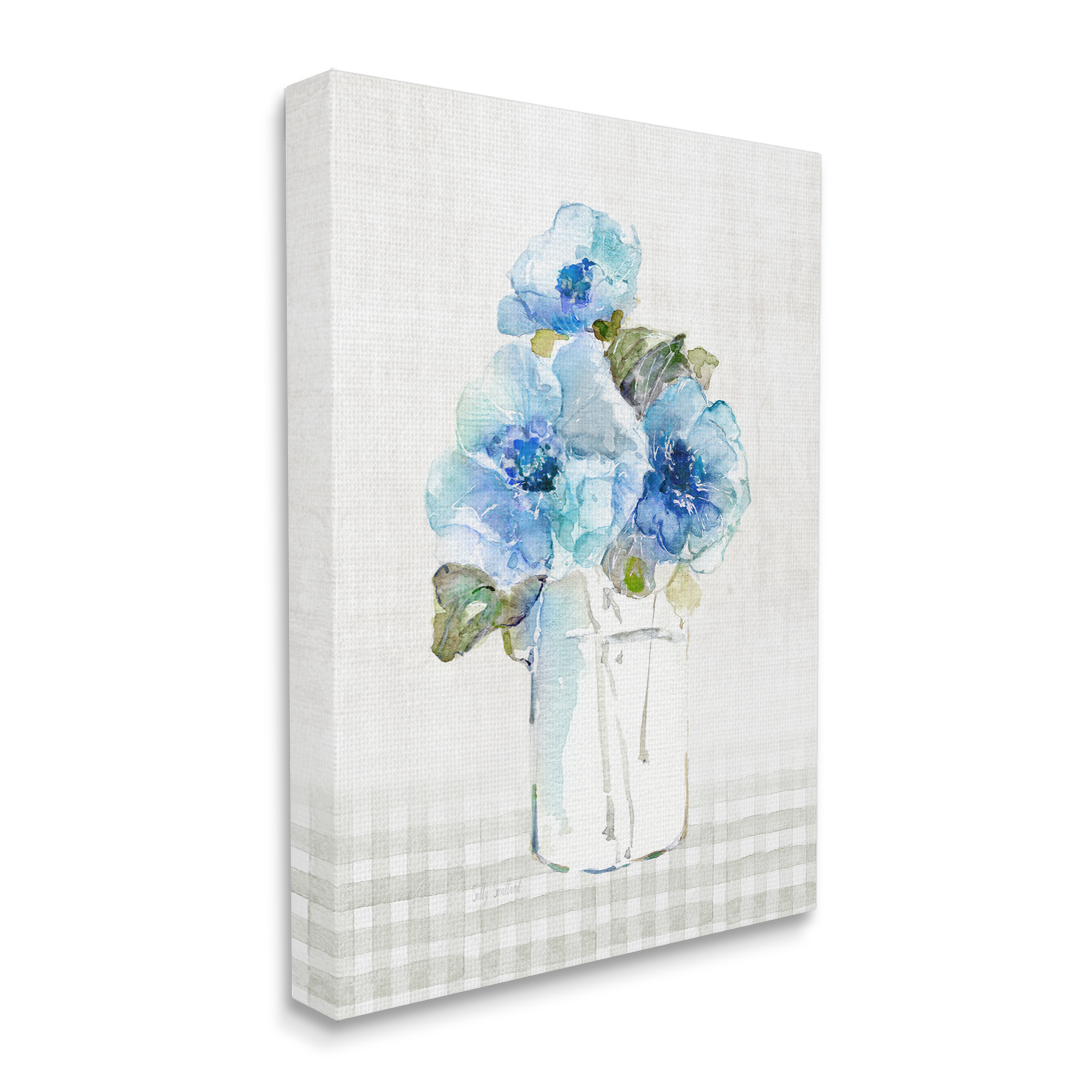 Stupell Industries Blue Flowers on Tartan Botanical & Floral Painting Gallery Wrapped Canvas Art Print Wall Art, 36 x 48