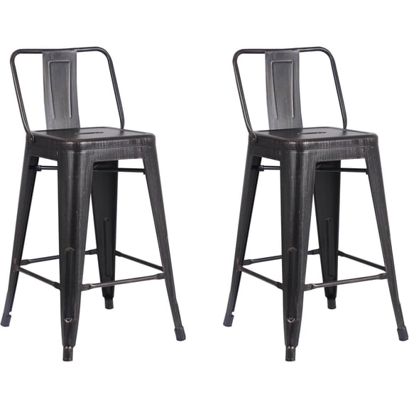 Set of 2 Metal Barstools with Bucket Back, 24 Seat Height, Distressed Black - Lightweight Rustic Bar Chairs for Kitchen Counter or Outdoor Patio
