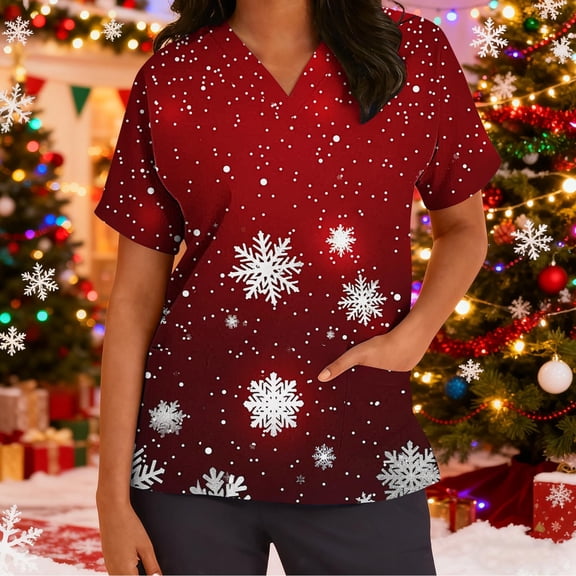 Wowcloth Women's Short Sleeve V-Neck Scrub Top with Christmas Print and Pocket, Comfort Fit for Nursing Work and Holiday Events