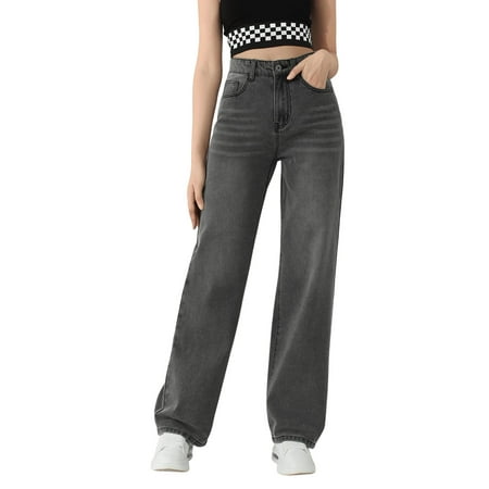 SweatyRocks Girl's High Waisted Solid Straight Leg Jeans Casual Loose Denim Pants Dark Grey 12-13Y