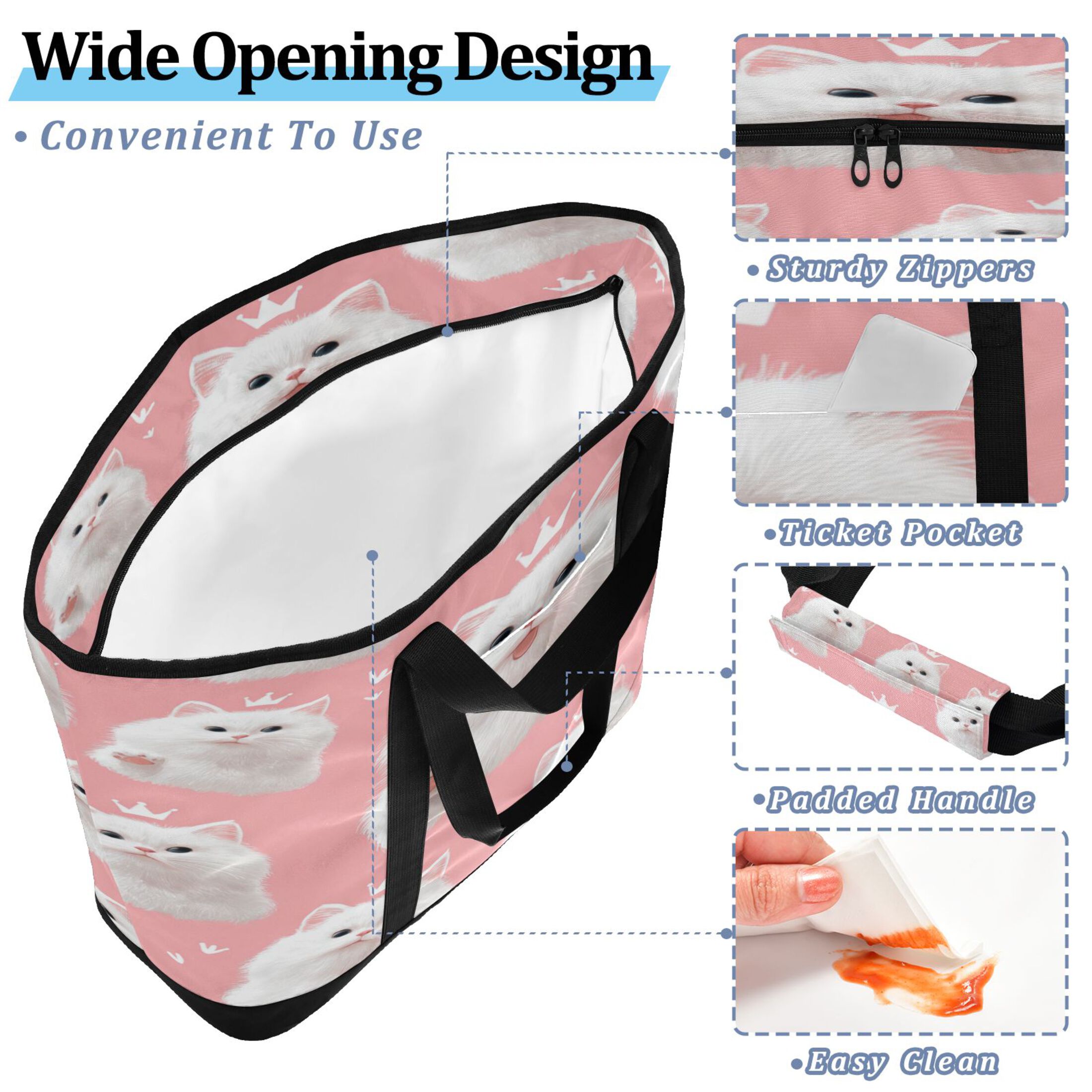 Extra-Large Wide Opening Design Capacity Hand-Held Ice Pack Thickened Insulation Layer For Long-Lasting Cold Retention For Outdoor Shopping Picnics And Camping Happy White Cat Face