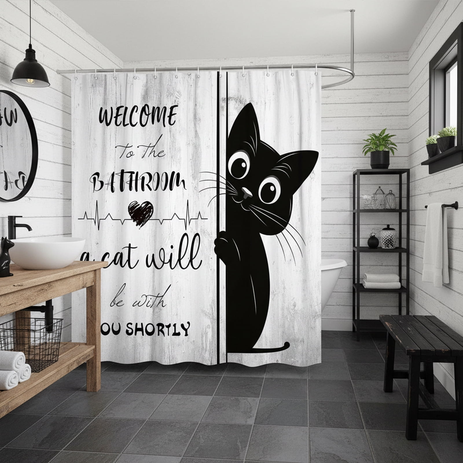 Funny Black Cat Shower Curtain, Welcome to The Bathroom Rustic Farmhouse Fabric Shower Curtain Set with Hooks, Cute Kitten Animal Waterproof Bath Curtain for Bathroom Decor,10pcs Hooks, 60X70 IN