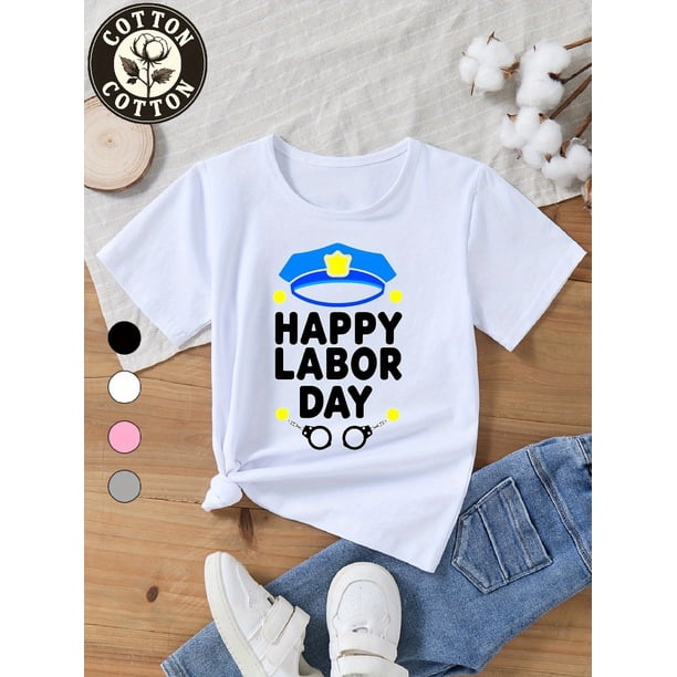Kids' 100% Cotton Labor T-Shirt - Cute Police Hat & Glasses Graphic, Happy Labor Text, Round Neck Short Sleeve Tee for School Events & Daily Wear, Machine Washable Gift for Boys &