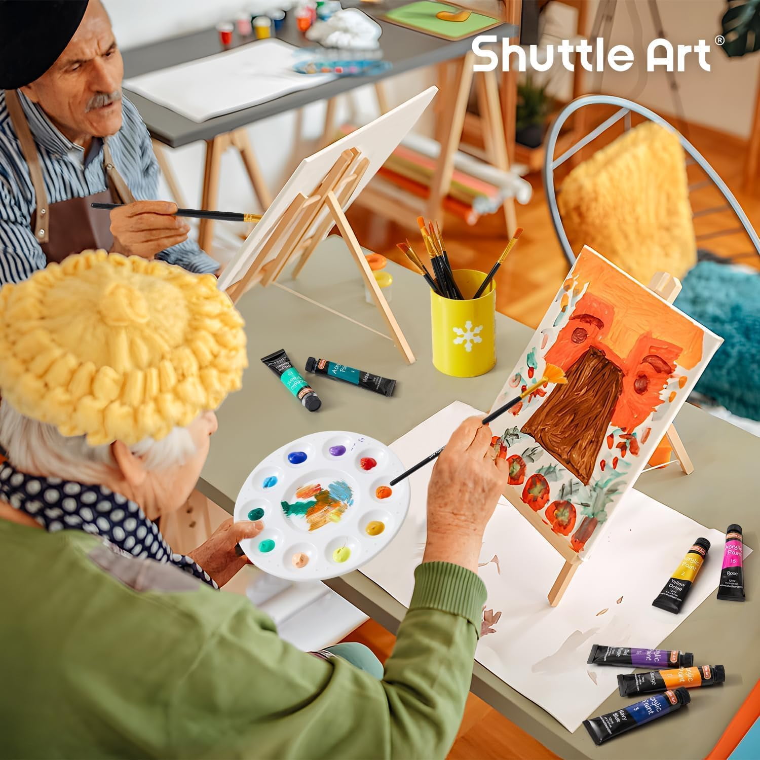 Shuttle Art 69 Pack Acrylic Paint Set, Acrylic Painting Set with 2 Pack of 15 Colors Acrylic Paint, 3 Sets of Wooden Easels, Canvas, Brushes & Palettes, Art Painting Supplies for Adults Beginner