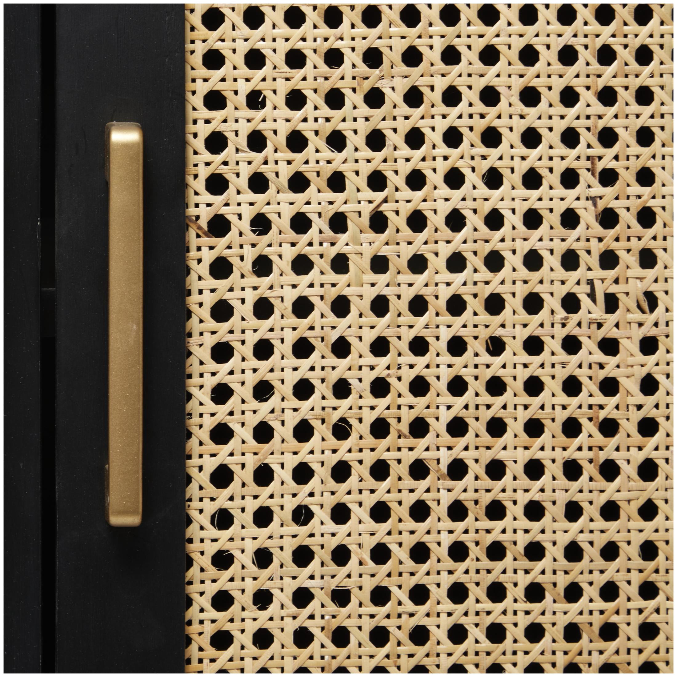 DecMode 36" x 36" Black Wood 2 Door Cabinet with Beige Rattan Doors and Gold Handles, 1-Piece