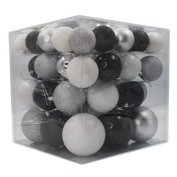 62 Pack of Black, Silver, and White Assorted Ball Ornaments