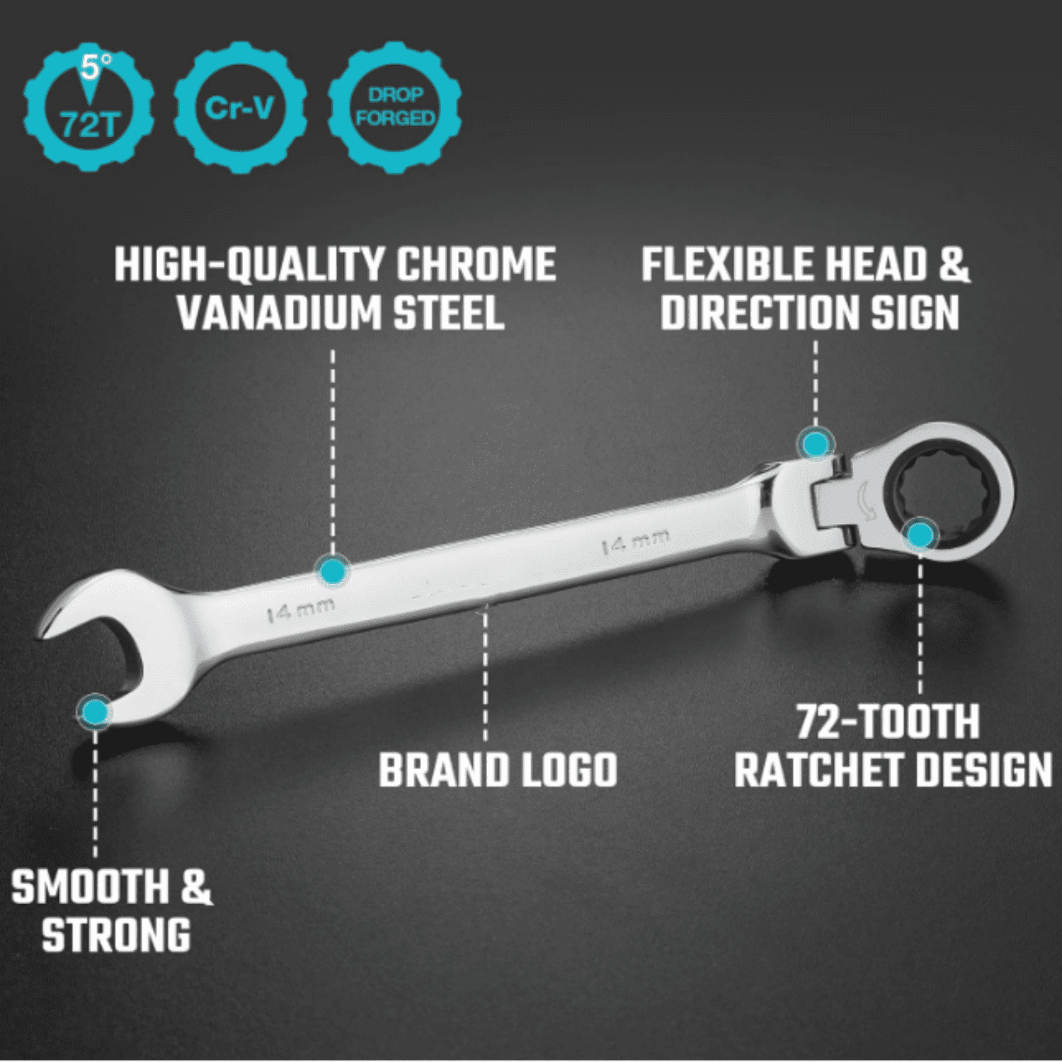 12-Piece Flex-Head Ratcheting Combination Wrench Set, 72-Tooth, Metric, 8-19 mm, Cr-v Steel, Organized in Storage Case