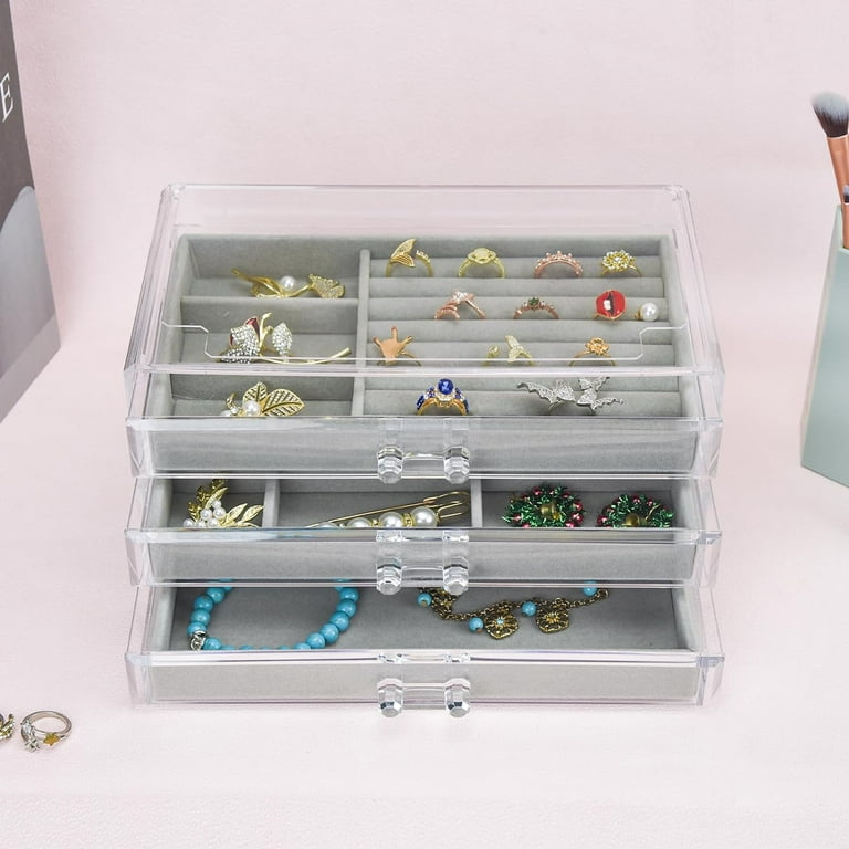Acrylic Jewelry Box 3 Drawers, Velvet Jewellery Organizer, Earring Rings  Necklaces Bracelets Display Case Gift for Women, Girls 