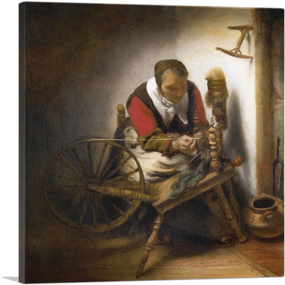 ARTCANVAS A Woman Spinning 1655 Canvas Art Print by Nicolaes Maes - Size: 12" x 12" (0.75" Deep)