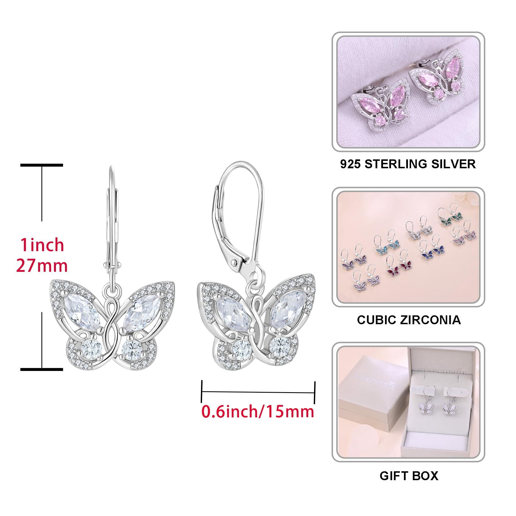 Starchenie Butterfly Earrings for Women 925 Sterling Silver Leverback Earrings  April Birthstone Cubic Zirconia Butterfly Jewelry Gifts