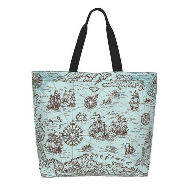 Balery Pirate Adventure Map Bolsa Tote Estilo Estético con Cremalleras, Bolsa de Hombro, Bolsa de Compras Grande y Plegable