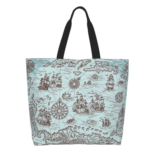 Fotbe Pirate Adventure Map Bolsa Tote Estética de Lona con Estampado para Mujer - Bolsa Reutilizable de Hombro Casual para Vacaciones, Compras, Trabajo y Gimnasio