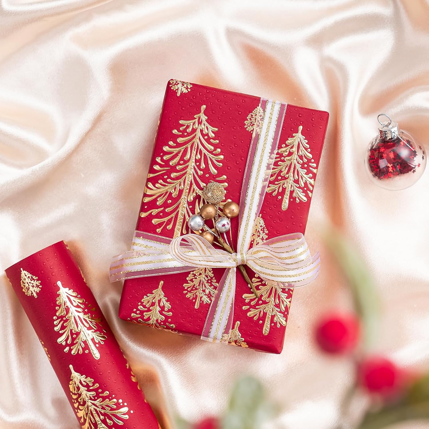 3D Kraft Christmas Wrapping Paper Roll - Mini Roll - 17 Inch x 16.5 Feet - Gold and Red Christmas Tree Wrapping Paper with Embossed Perfect for Holiday, Party Celebration