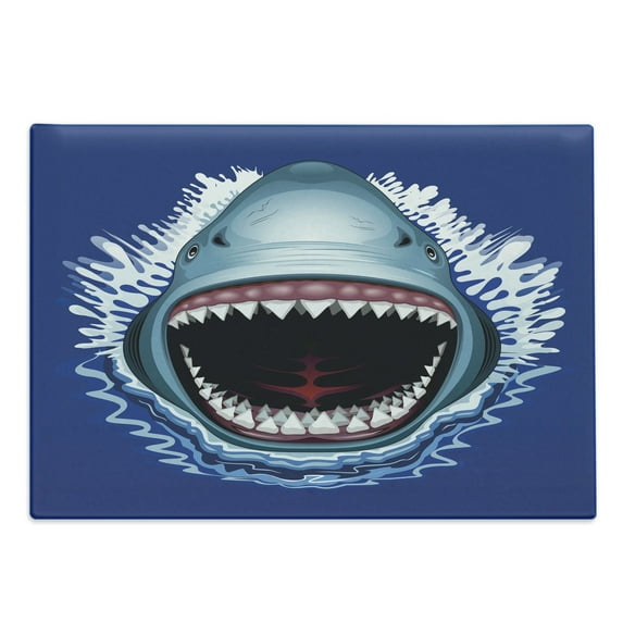 Shark Cutting Board, Attack of Open Mouth Sharp Teeth Sea Danger Wildlife Ocean Life Cartoon, Decorative Tempered Glass Cutting and Serving Board, Large Size, Navy Blue Grey Fuchsia, by Ambesonne