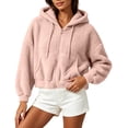 thumbnail image 2 of ZunFeo Pink Womens Oversized Cropped Fuzzy Sherpa Fleece Zip-Up Hooded Jacket,Size M, 2 of 7