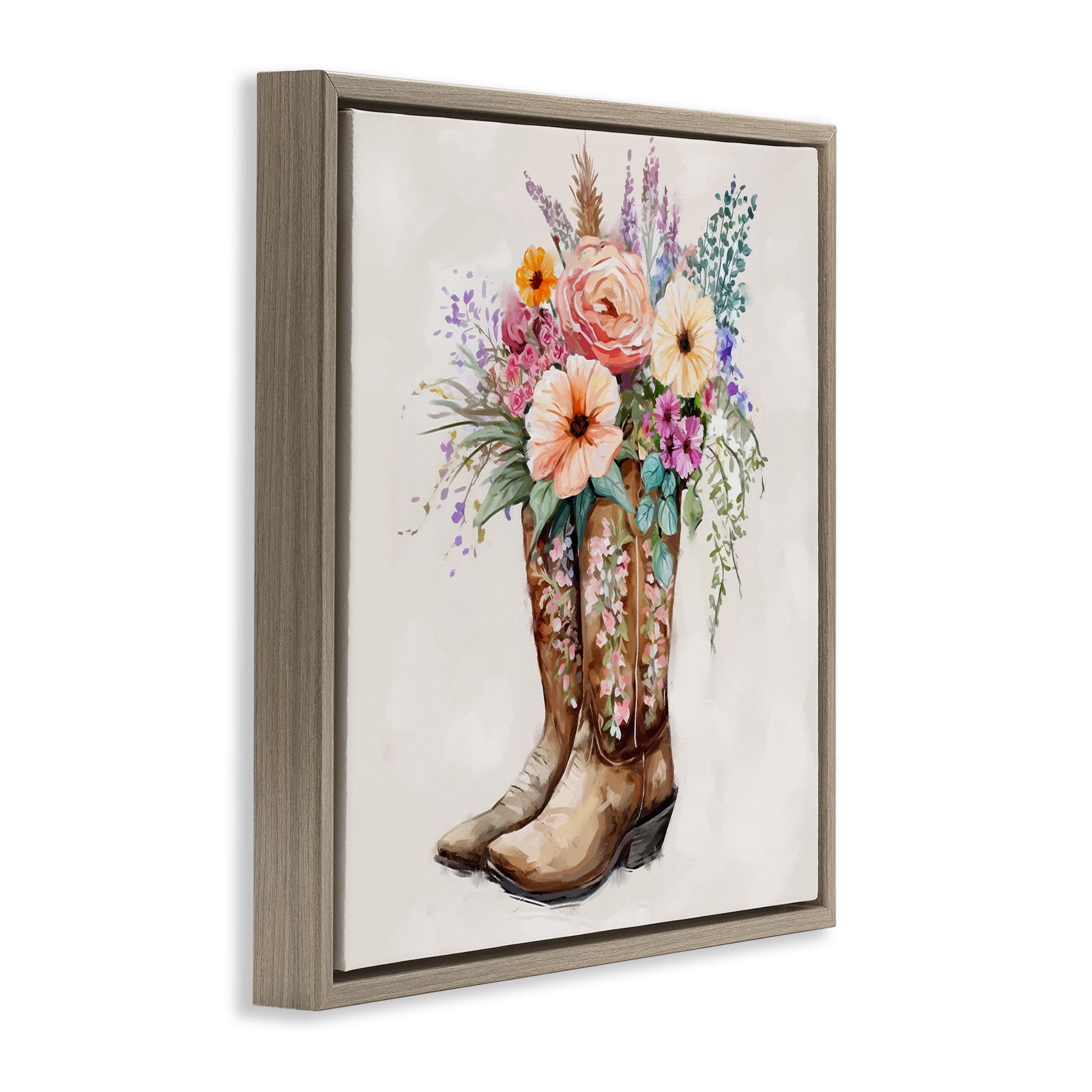 Stupell Industries Country Cowboy Boots Bouquet Botanical & Floral Painting Brown Floater Framed Canvas Art Print Wall Art, 18 x 18